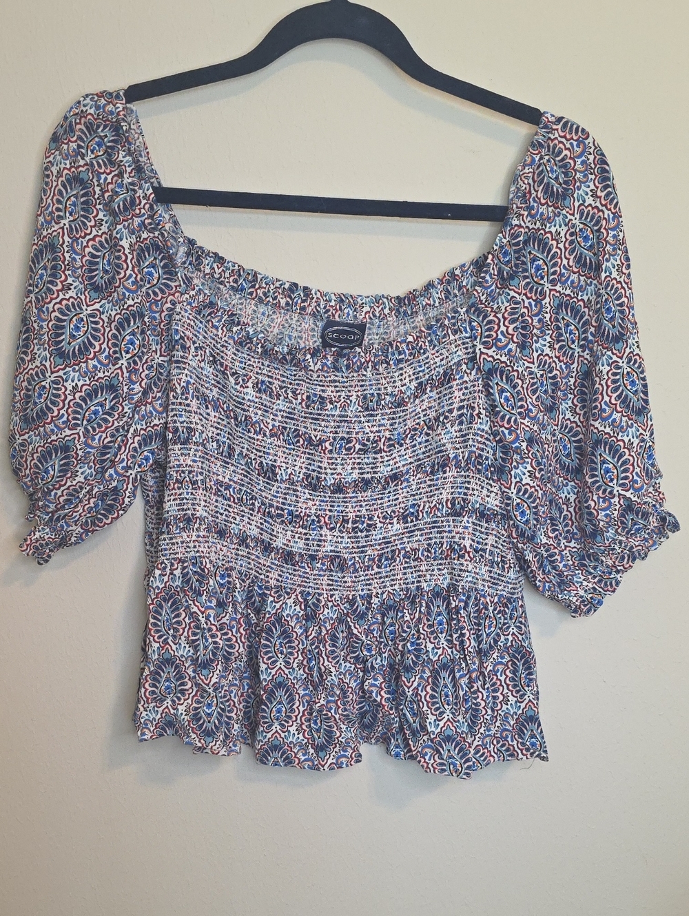 Scoop NYC Blue Multi Smocked Peplum Crop Top